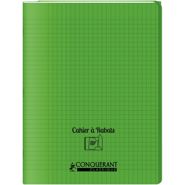 Piqûre 96 pages avec 2 rabats, format 24x32 cm, seyès 90g, couverture polypropylène vert
