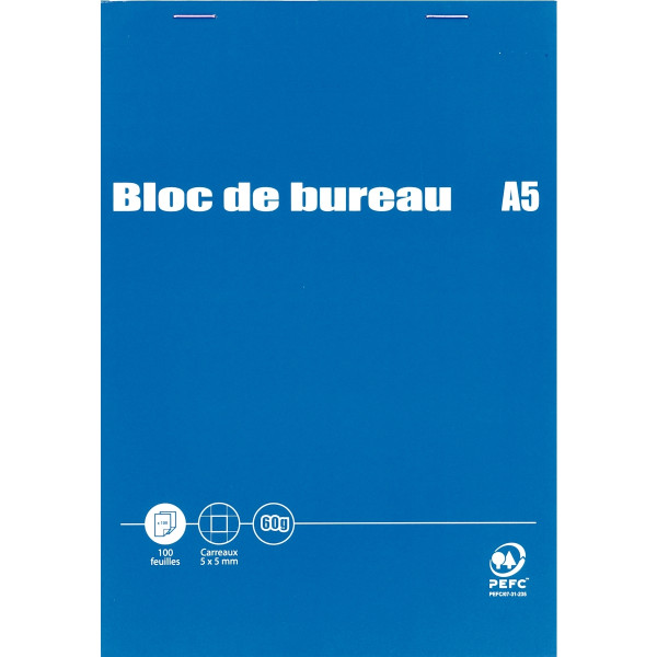 Bloc de bureau 100 feuilles, format A5, quadrillé 5x5, papier 60g