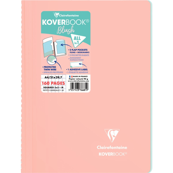Cahier à reliure intégrale 160 pages KOVERBOOK BLUSH, format A4, quadrillé 5x5