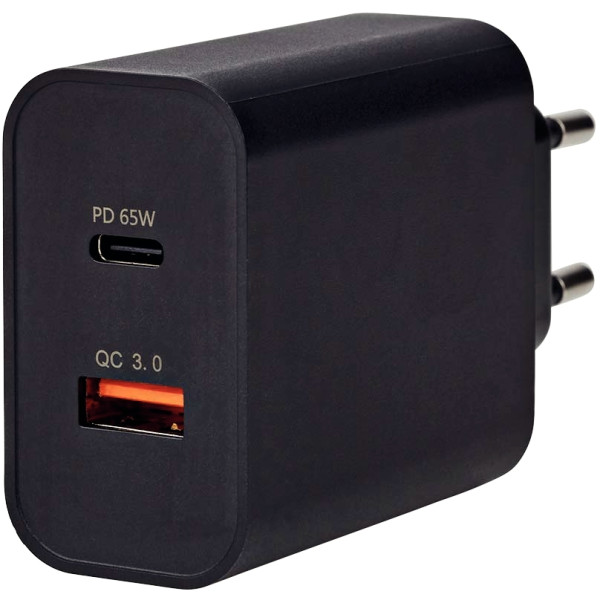 Chargeur secteur 2 ports USB-A et USB-C rapide noir