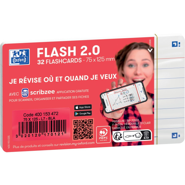 Paquet de 32 flashcards flash2.0 Oxford 7.5x12.5cm ligné 7mm blanc