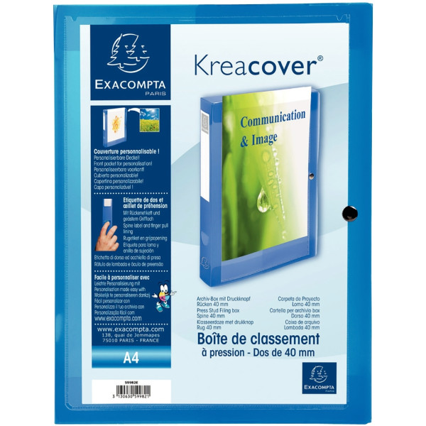 Boite de classement personnalisable en polypropylène KREACOVER dos 4 cm, bleu