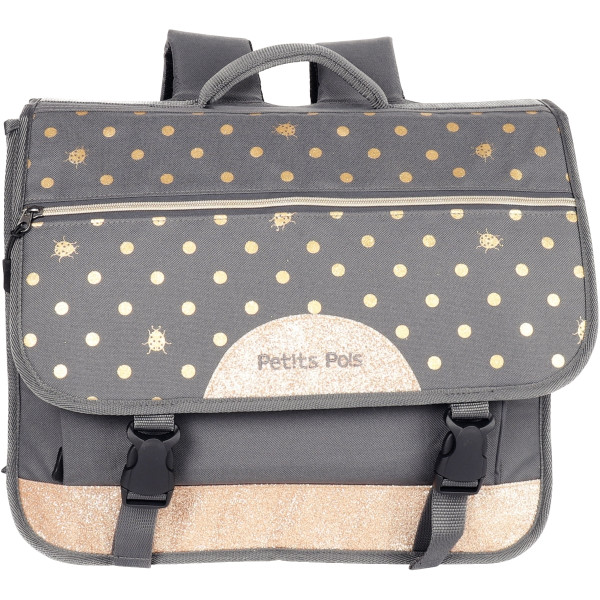 Cartable 280223  petits pois gris et paillettes or 41cm