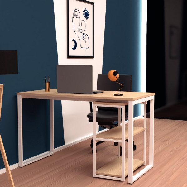 Bureau modulable plateau chêne/piètement blanc