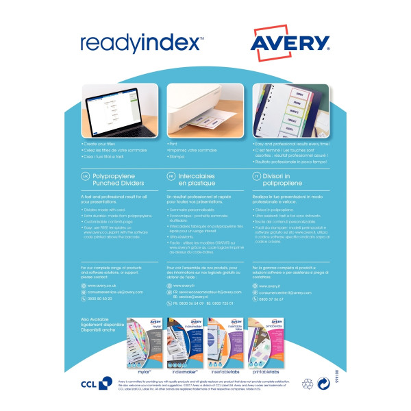 Jeu de 12 intercalaires personnalisables en polypropylène ReadyIndex™ format A4