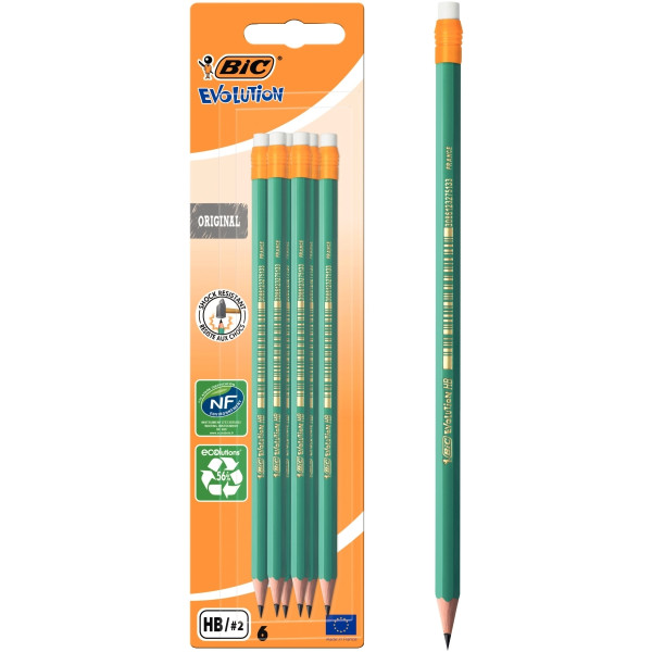 Blister de 6 crayons graphite HB Évolution HB gomme