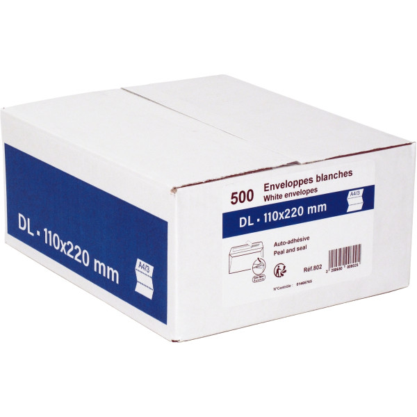 Boite de 500 enveloppes blanches 110x220mm 80g bande siliconée