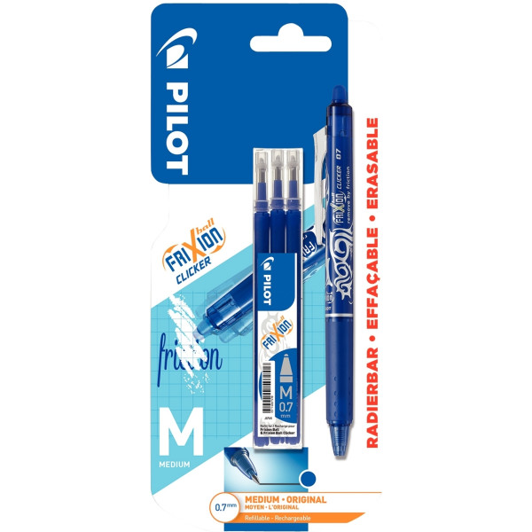 Blister de 1 roller Frixion Clicker bleu et 3 recharges bleues