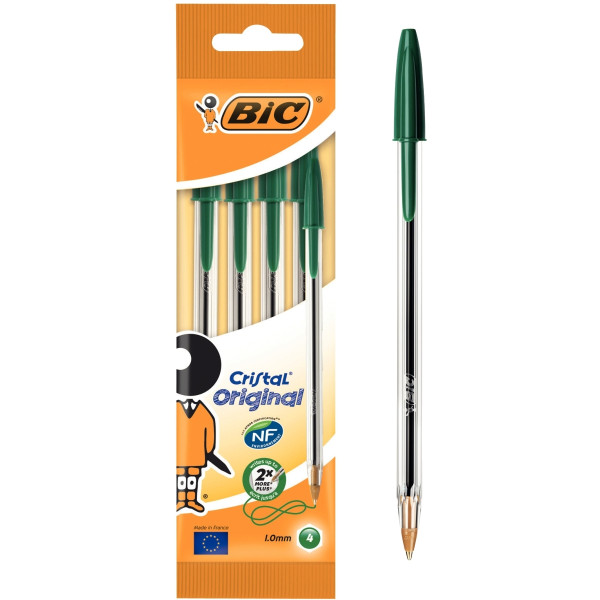 Blister de 4 stylos bille Cristal pointe moyenne verts