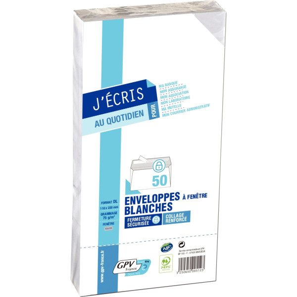 Paquet de 50 enveloppes blanches 110x220mm 75g bande siliconée fenêtre 45x100mm