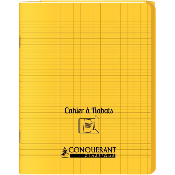 Piqûre 96 pages avec 2 rabats, format 17x22 cm, seyès 90g, couverture polypropylène jaune