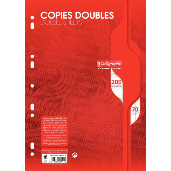 Sachet de 50 copies doubles perforées, format A4, seyès, papier 70g, blanc