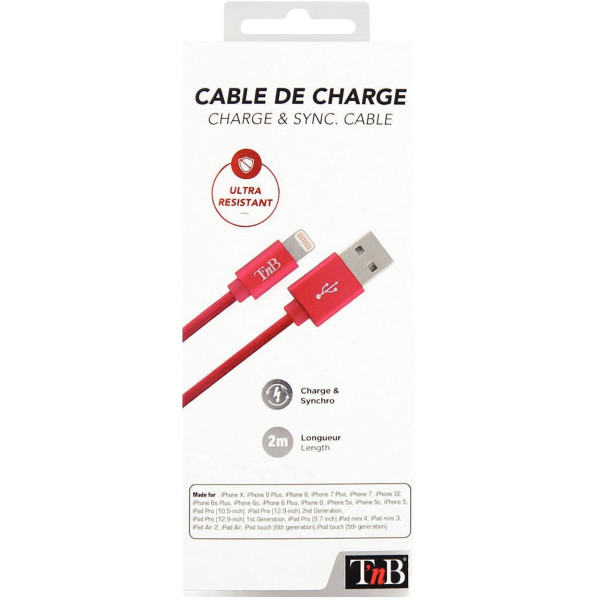 Cordon USB type A vers type Lightning 2m rouge