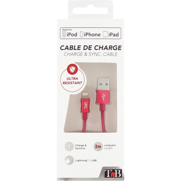 Cordon USB type A vers type Lightning 2m rouge