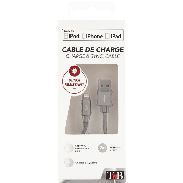 Cordon USB type A vers type Lightning 2m gris