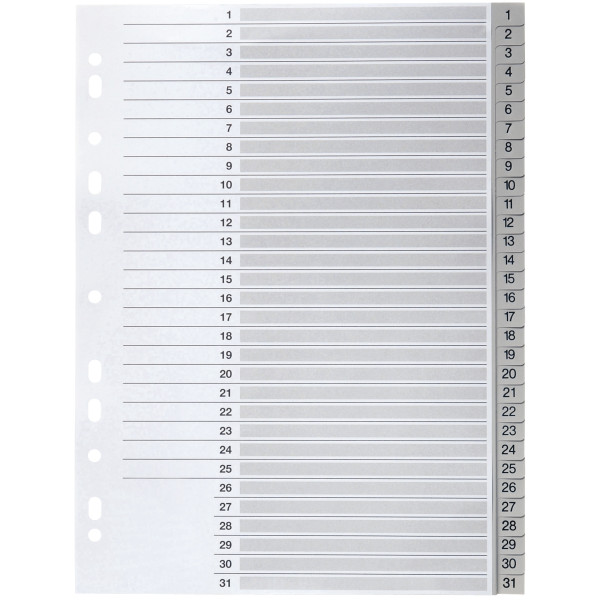 Jeu de 31 intercalaires numériques en polypropylène gris, format A4