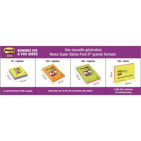 Paquet de 3 blocs notes Super Sticky lignées 70 feuilles, format : 101 x 101 mm coloris jaune