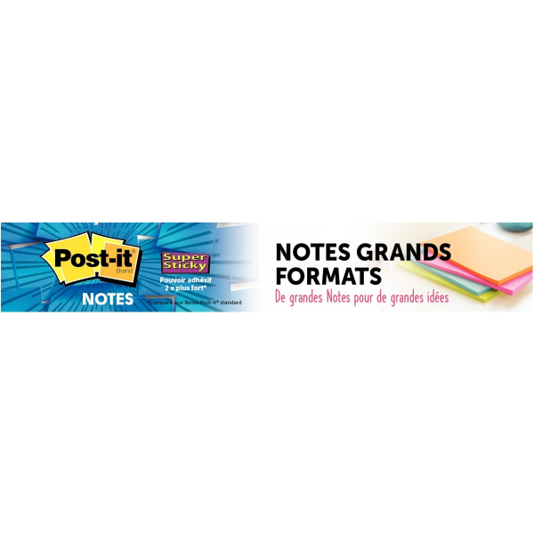 Paquet de 3 blocs notes Super Sticky lignées 70 feuilles, format : 101 x 101 mm coloris jaune