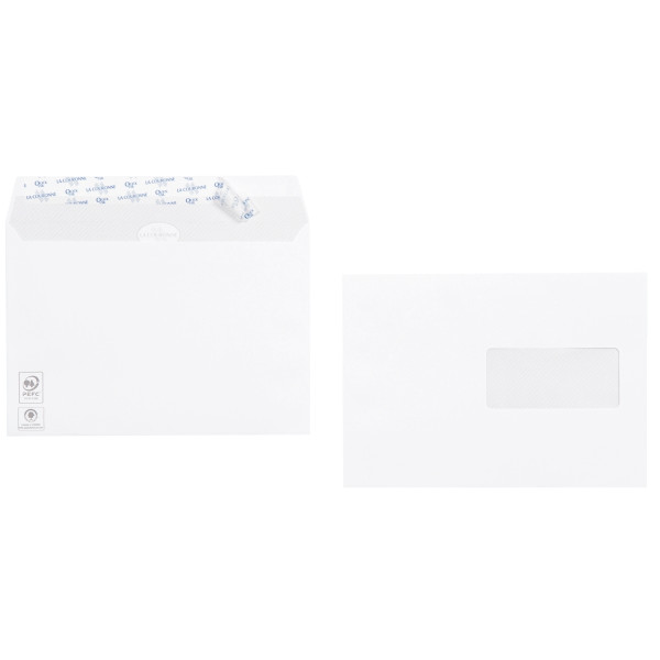 Boite de 500 enveloppes blanches 162x229mm 90g bande silliconnée fenêtre 45x100mm