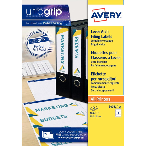 Paquet de 100 étiquettes adhésives AVERY pour classeurs à levier