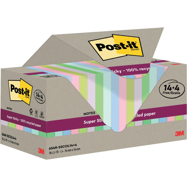 Tour de 18 blocs sticky recyclés 76 x 76 mm  dont 4 gratuits coloris assortis