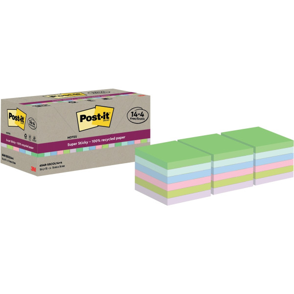 Tour de 18 blocs sticky recyclés 76 x 76 mm  dont 4 gratuits coloris assortis
