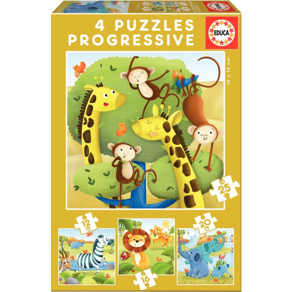 Boite de 4 puzzles progressifs, les animaux de la savane