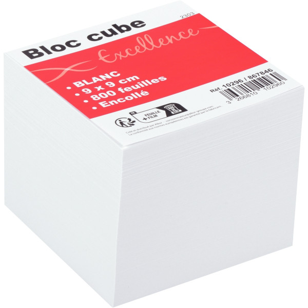 Bloc cube blanc d'environ 800 feuilles encollées, dimensions : 9 x 9 x 7.5CM