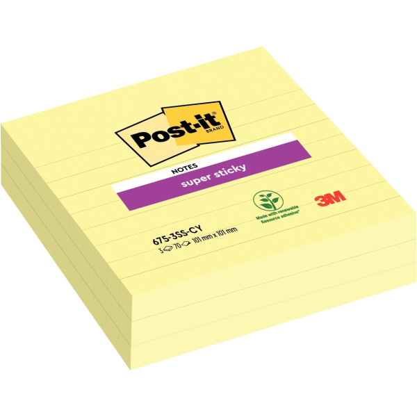 Paquet de 3 blocs notes Super Sticky lignées 70 feuilles, format : 101 x 101 mm coloris jaune