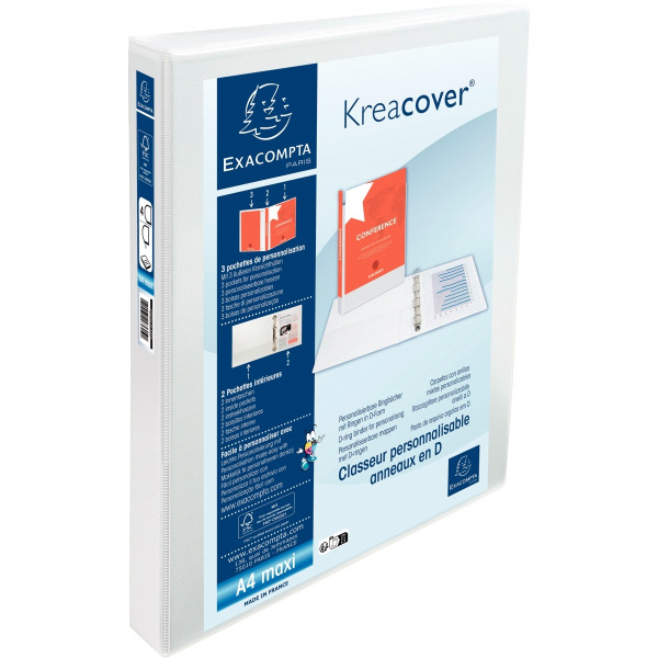 Classeur personnalisable KREACOVER format A4+, 4 anneaux diamètre 25 mm, blanc