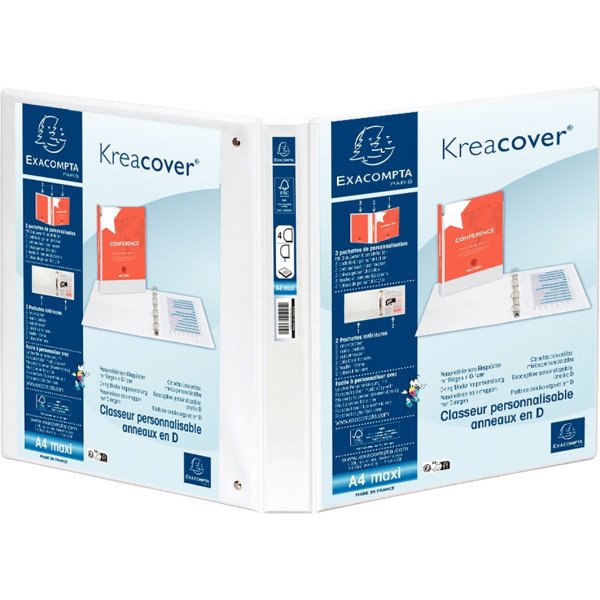 Classeur personnalisable KREACOVER format A4+, 4 anneaux diamètre 30 mm, blanc