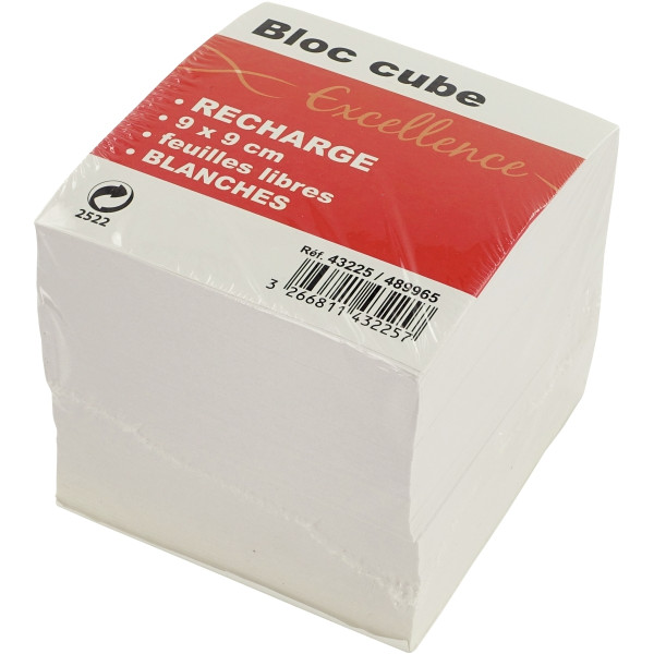 Recharge bloc cube, feuilles blanches, dimensions : 9 x 9 x 9 cm