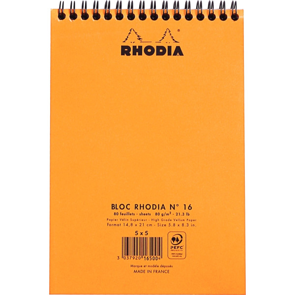 Bloc-notes à reliure intégrale RHODIA orange, format A5, 160 pages, quadrillé 5x5, papier 80g