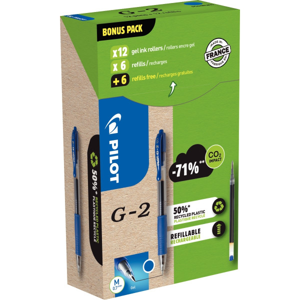 Greenpack 12 stylos + 12 recharges G2 bleues