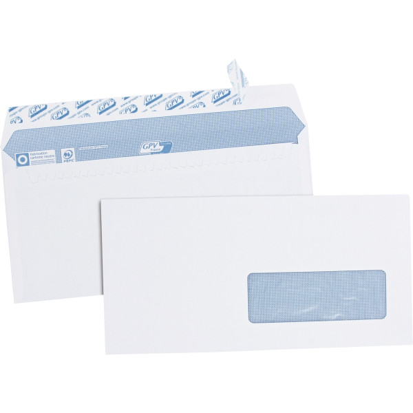 Boite de 500 enveloppes blanches 110x220mm 90g bande siliconée fenêtre 35x100mm