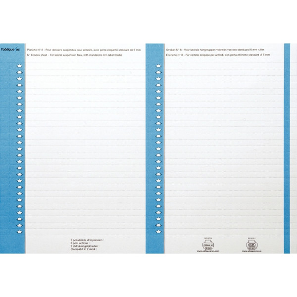 Sachet de 10 planches A5 de 27 étiquettes numéro 8 pour dossiers suspendus armoires coloris bleu