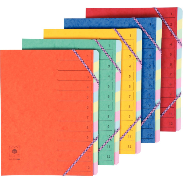 Trieur en carte lustrée avec élastiques 12 compartiments, coloris assortis