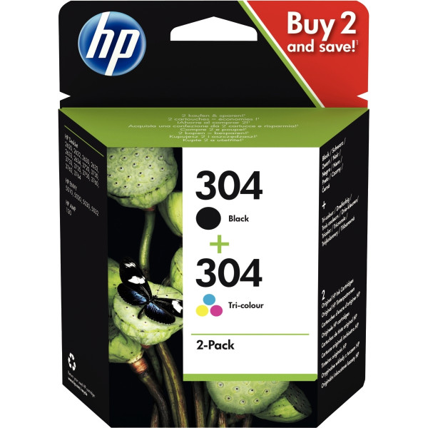 HP 304 pack de 2 cartouches d'encre noire et trois couleurs authentiques (3JB05AE)