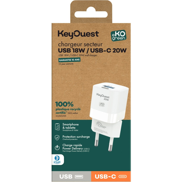 Chargeur secteur 2 ports USB-A et USB-C blanc