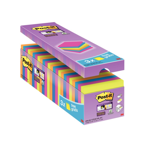 Boîte de 24 blocs de 90 feuilles Post-it Super Sticky néon format 76 x 76 mm dont 3 gratuits