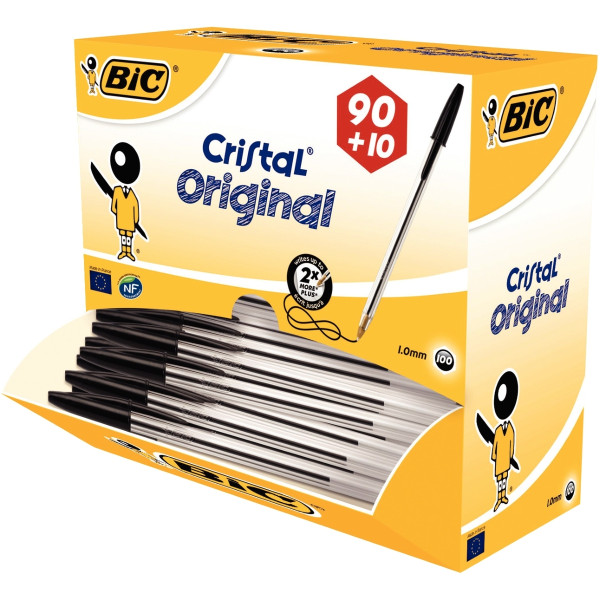 Boîte de 100 stylos Cristal pointe moyenne noirs dont 10 gratuits