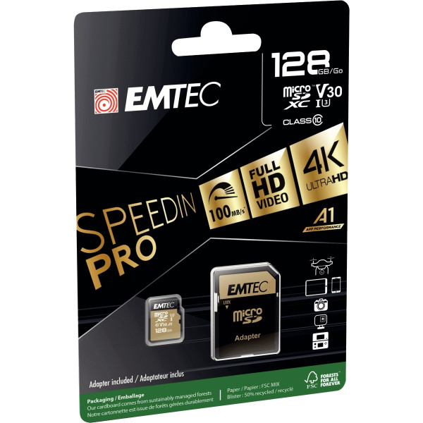 Carte mémoire micro SD Emtec UHS I U3 V30 Speedin Pro XC 128 GO