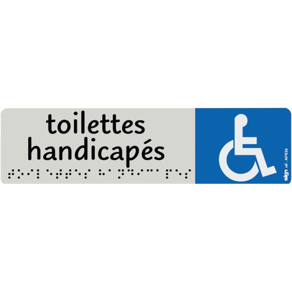 Plaque aluminium de signalisation avec texte en braille "Toilettes Handicapés" format 170 x 45 mm