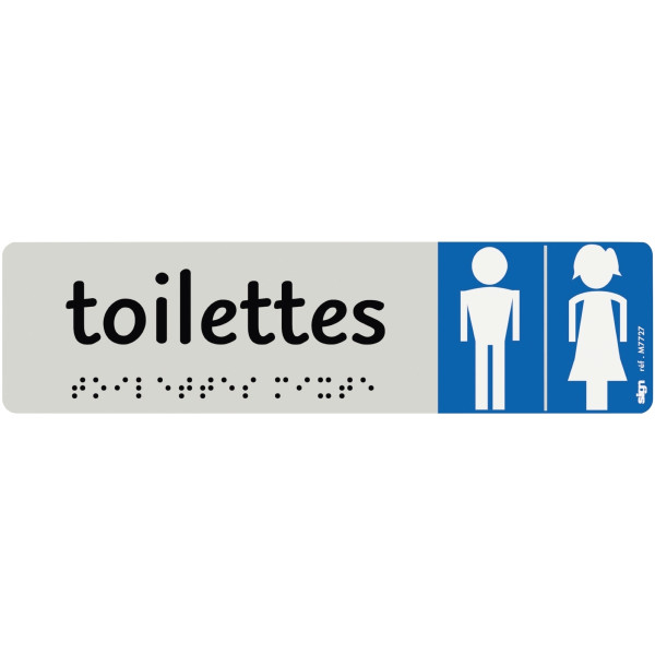 Plaque aluminium de signalisation avec texte en braille Toilettes Hommes Femmes format 170 x 45 mm