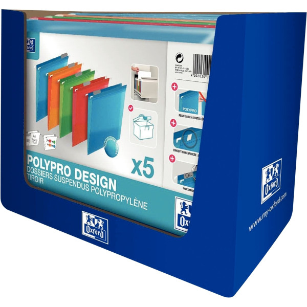 Paquet de 5 dossiers suspendus OXFORD en polypropylène pour tiroir, dos V, coloris assortis
