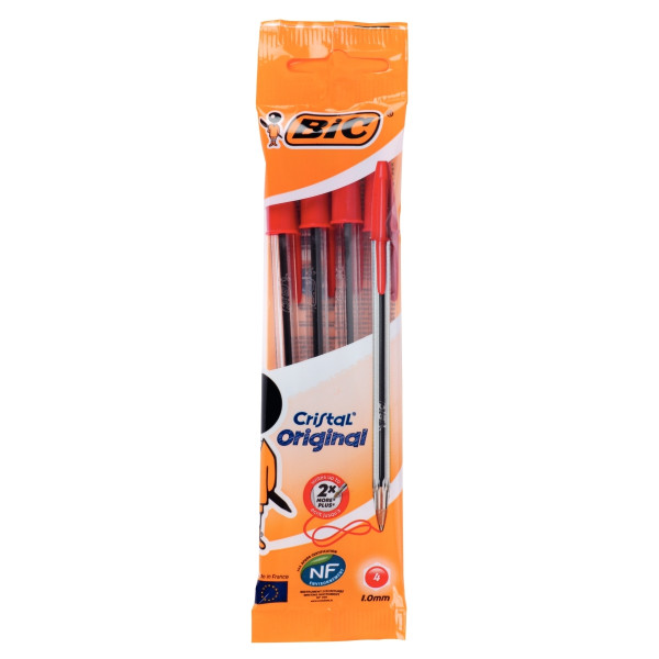 Blister de 4 stylos bille Cristal pointe moyenne rouges
