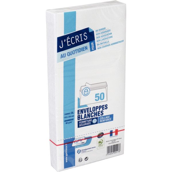 Paquet de 50 enveloppes blanches 110x220mm 80g bande siliconée
