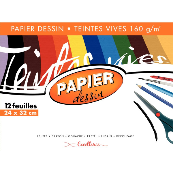 Pochette de 12 feuilles à dessin 160g 24x32cm couleurs vives