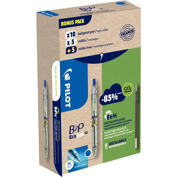Greenpack de 10 stylos + 10 recharges Ecoball bleues
