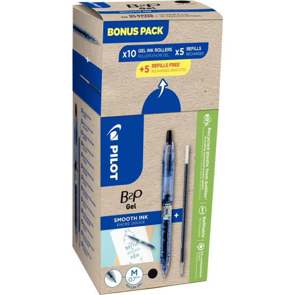 Pack de 10 stylos gel B2P noirs + 10 recharges